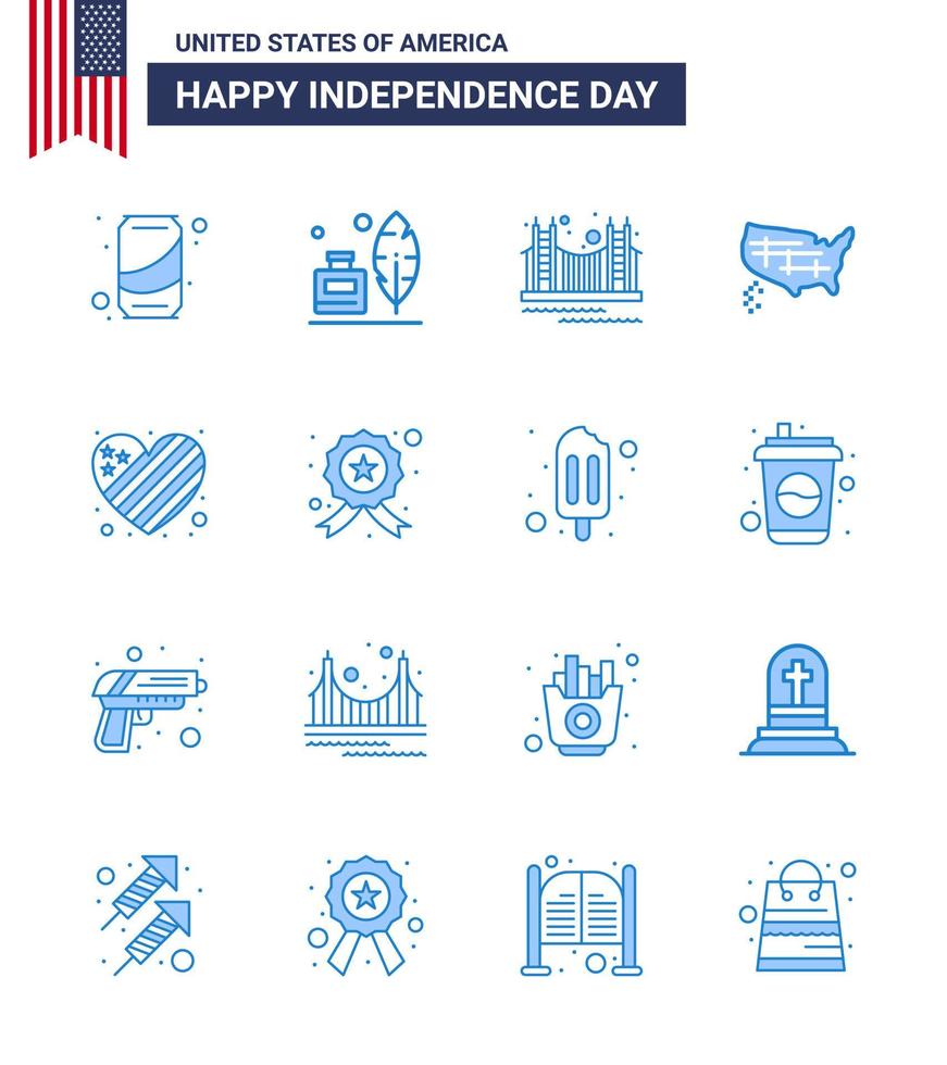 Happy Independence Day 16 Blues Icon Pack for Web and Print usa states bridge map tourism Editable USA Day Vector Design Elements