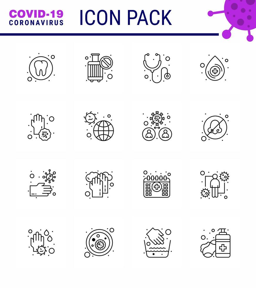 CORONAVIRUS 16 Line Icon set on the theme of Corona epidemic contains icons such as disease covid healthcare virus drop viral coronavirus 2019nov disease Vector Design Elements