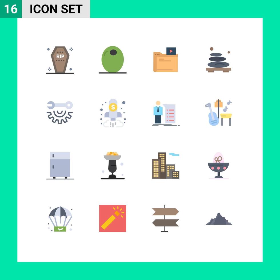 Group of 16 Flat Colors Signs and Symbols for stone relax vegetable massage media Editable Pack of Creative Vector Design Elements