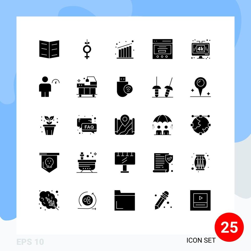 Modern Set of 25 Solid Glyphs and symbols such as lcd media chart display user Editable Vector Design Elements