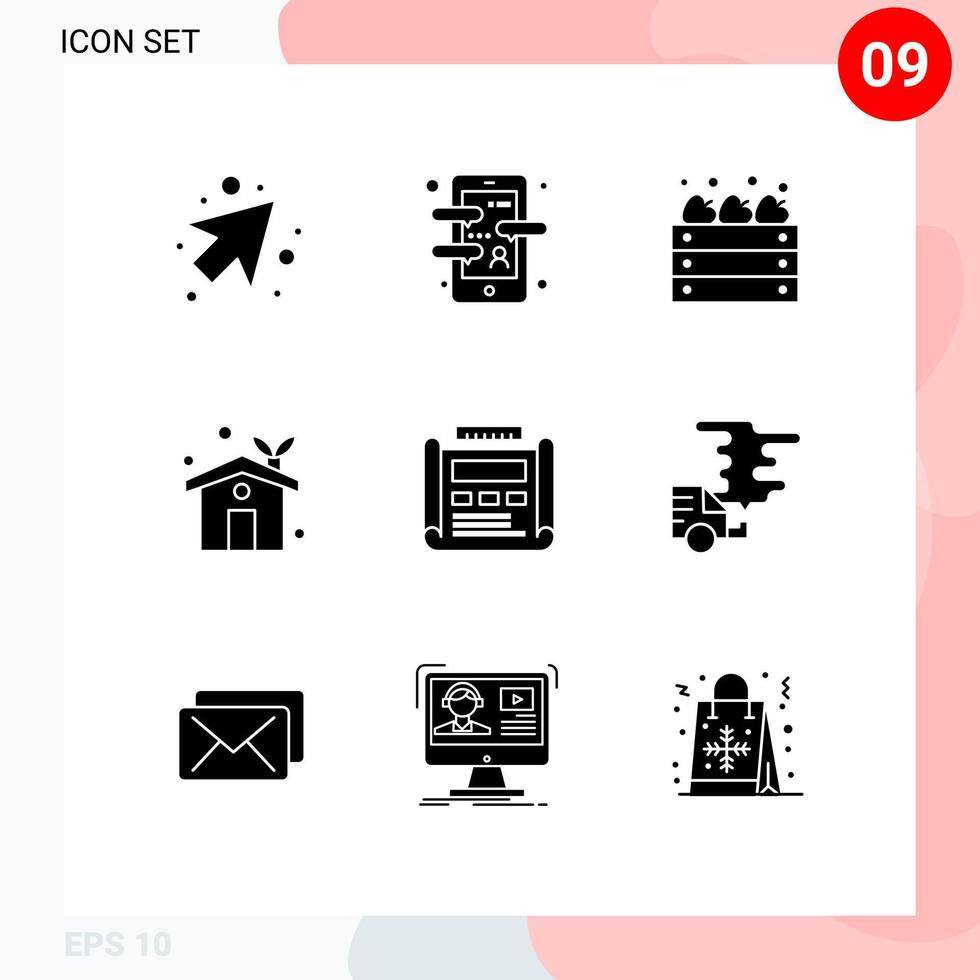 Pack of 9 creative Solid Glyphs of design greenhouse agriculture ecology house eco home Editable Vector Design Elements