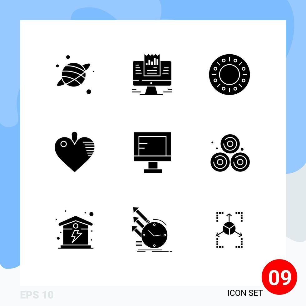 Universal Icon Symbols Group of 9 Modern Solid Glyphs of school online bakery computer heart Editable Vector Design Elements