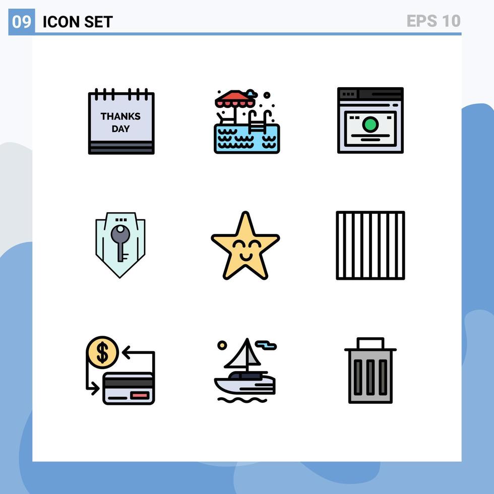 Modern Set of 9 Filledline Flat Colors Pictograph of shield protection layout key web Editable Vector Design Elements