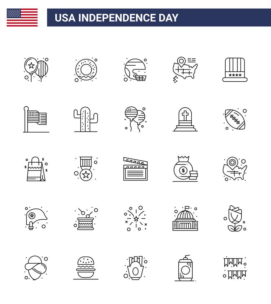 Big Pack of 25 USA Happy Independence Day USA Vector Lines and Editable Symbols of cap american football map united Editable USA Day Vector Design Elements