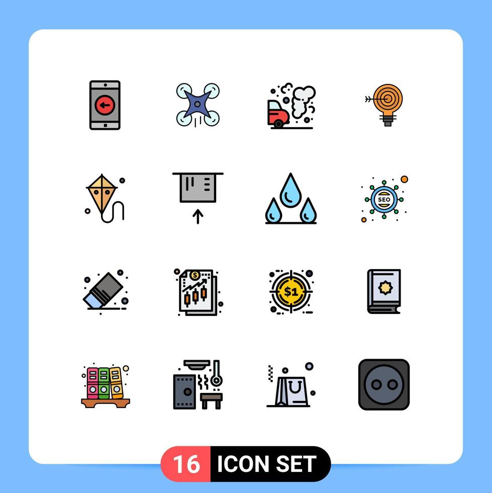 Pack of 16 Modern Flat Color Filled Lines Signs and Symbols for Web Print Media such as idea solution car goal target Editable Creative Vector Design Elements