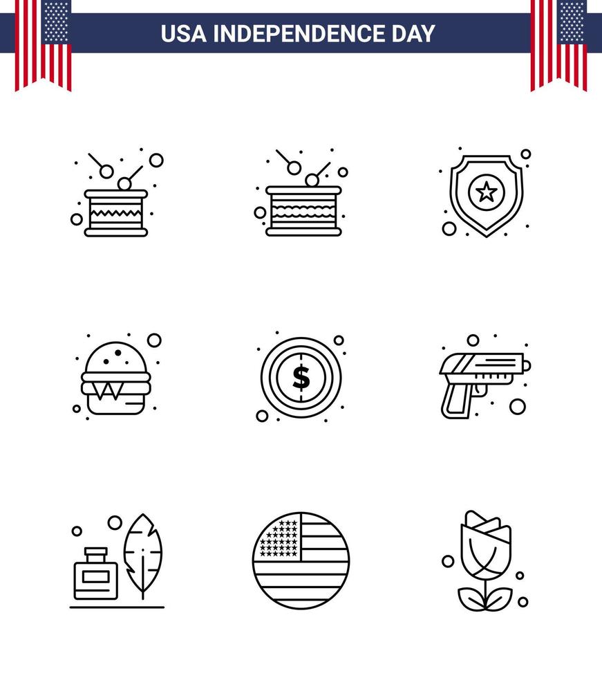 conjunto de 9 iconos del día de los ee.uu. símbolos americanos signos del día de la independencia para pistola signo de dólar dinero comida editable día de los ee.uu. elementos de diseño vectorial vector
