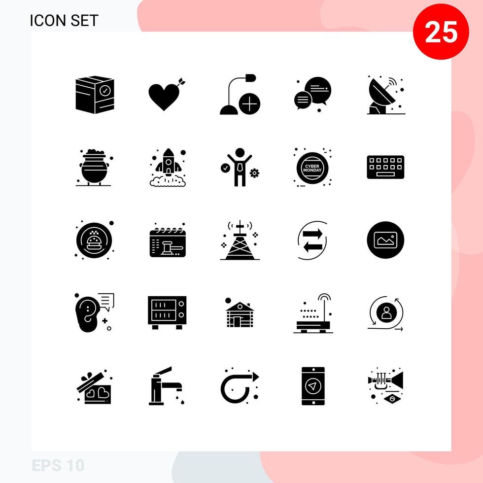 Set of 25 Commercial Solid Glyphs pack for astronomy message add chat hardware Editable Vector Design Elements