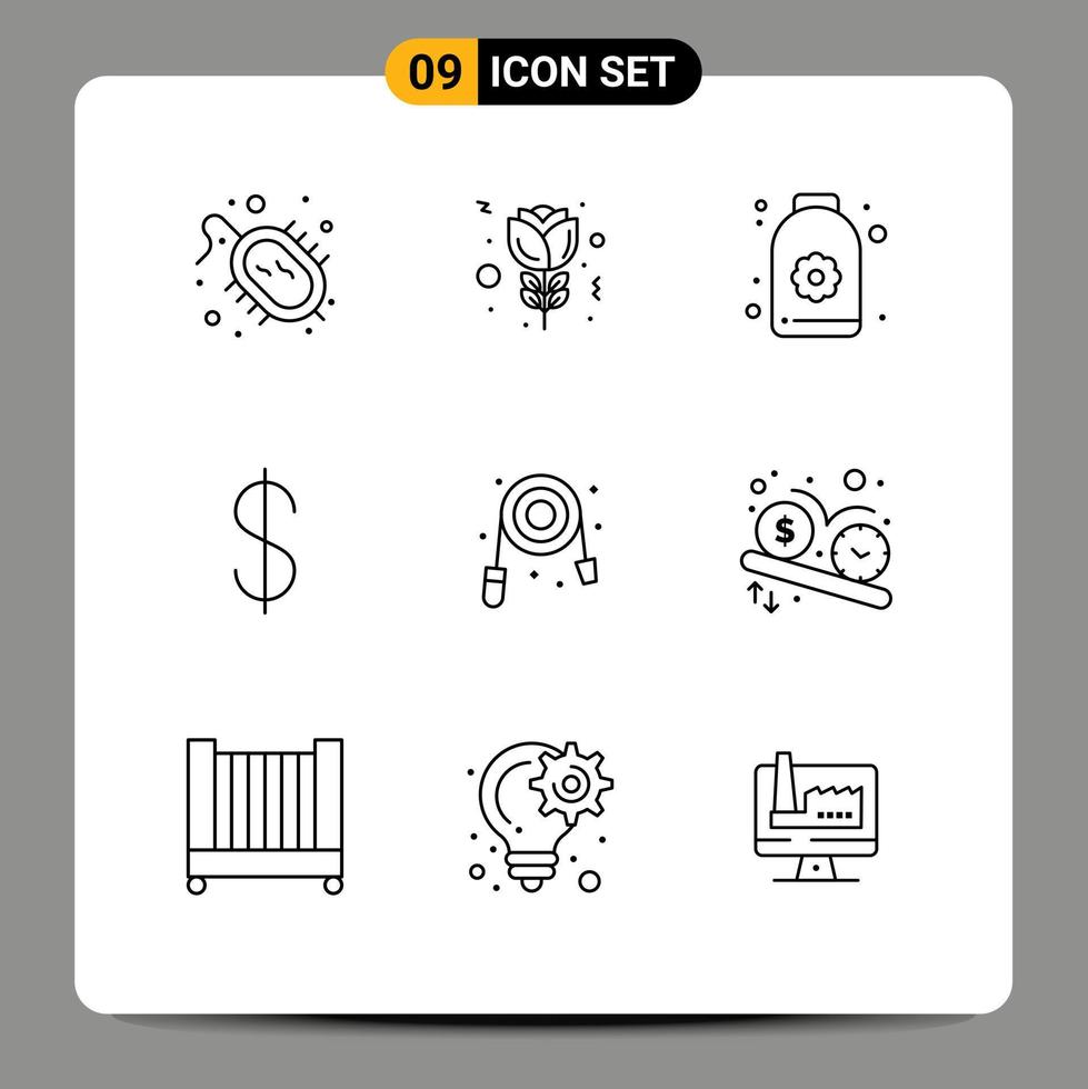 Mobile Interface Outline Set of 9 Pictograms of plumbing mechanical sauna hose currency Editable Vector Design Elements