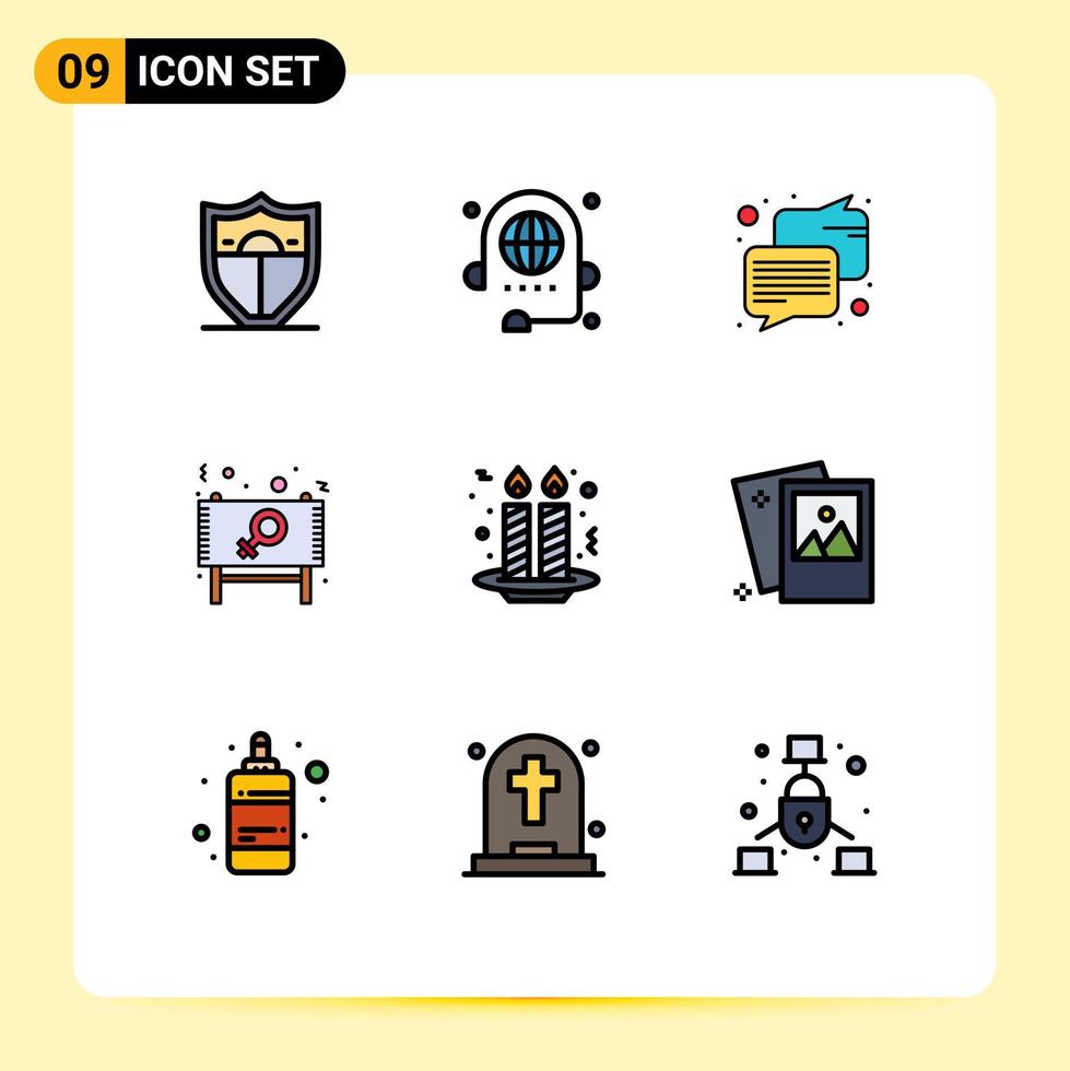 Universal Icon Symbols Group of 9 Modern Filledline Flat Colors of candle sign chat message board Editable Vector Design Elements