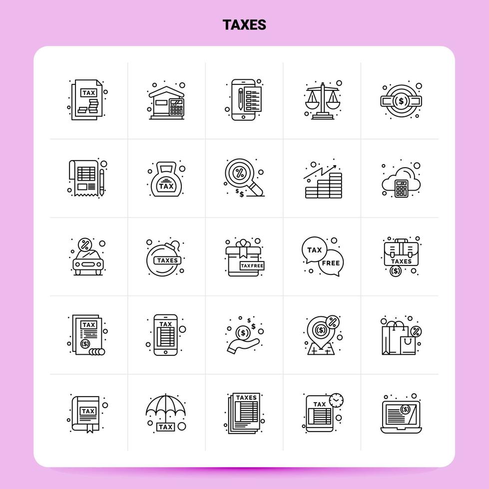 OutLine 25 Taxes Icon set Vector Line Style Design Black Icons Set Linear pictogram pack Web and Mobile Business ideas design Vector Illustration