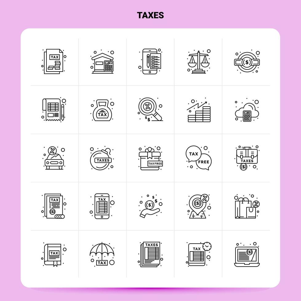 OutLine 25 Taxes Icon set Vector Line Style Design Black Icons Set Linear pictogram pack Web and Mobile Business ideas design Vector Illustration