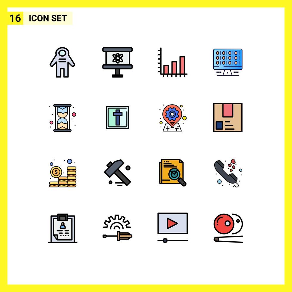 Pack of 16 Modern Flat Color Filled Lines Signs and Symbols for Web Print Media such as hour server analysis computing web Editable Creative Vector Design Elements