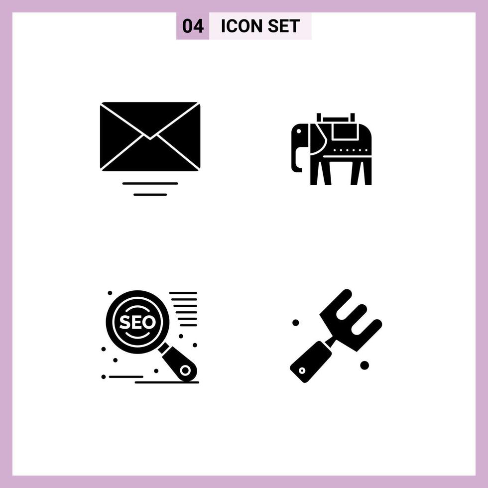 Pictogram Set of 4 Simple Solid Glyphs of letter agriculture elephent search engine farming Editable Vector Design Elements