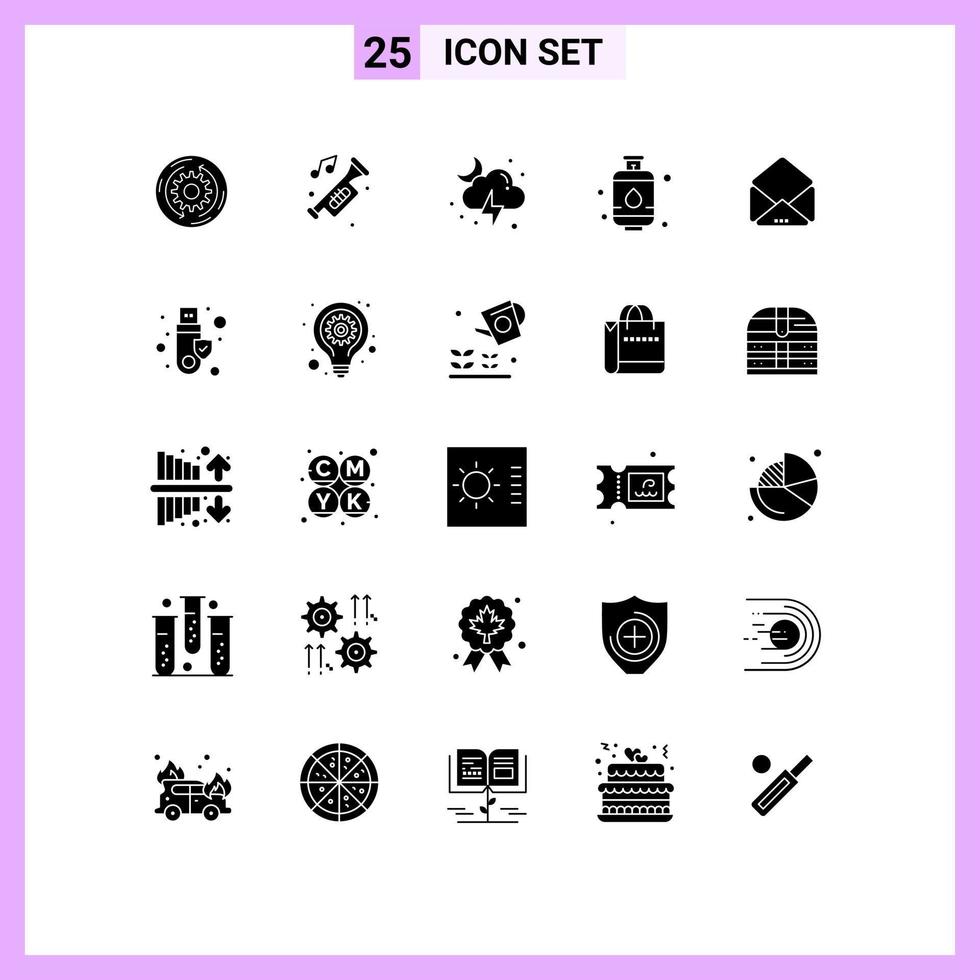 Group of 25 Modern Solid Glyphs Set for message gas noise cylinder moon Editable Vector Design Elements