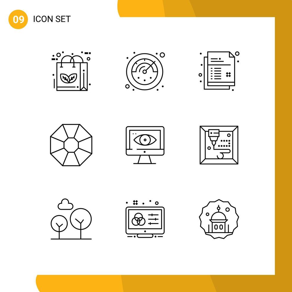Pack of 9 Modern Outlines Signs and Symbols for Web Print Media such as surveillance computer creative present diamond Editable Vector Design Elements