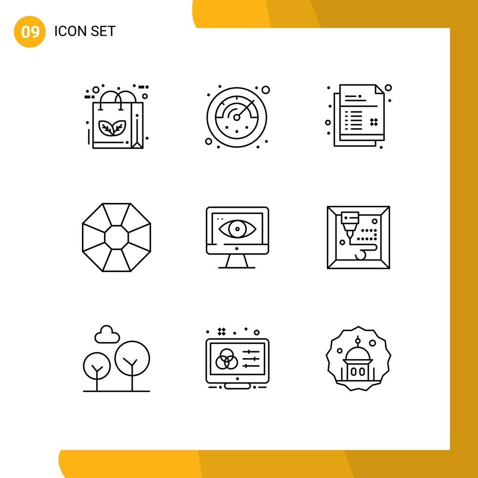 paquete de 9 signos y símbolos de contornos modernos para medios de impresión web, como elementos de diseño de vectores editables de diamantes presentes creativos en computadoras de vigilancia