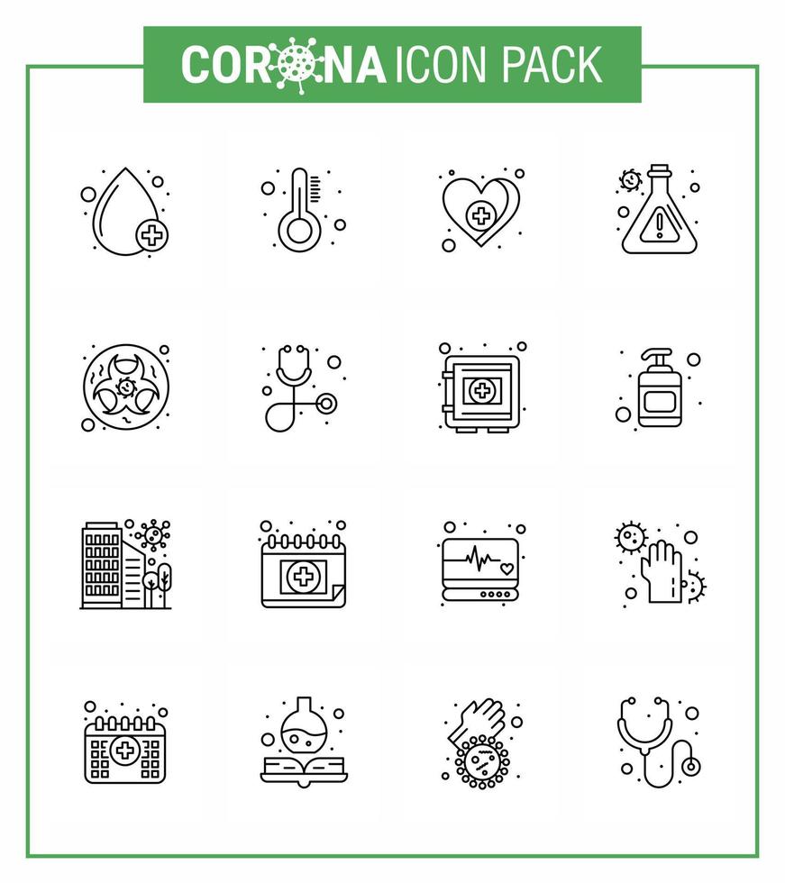 icono de consejos de precaución de coronavirus para la presentación de pautas de atención médica paquete de iconos de 16 líneas como laboratorio bio corazón investigación matraz coronavirus viral 2019nov enfermedad vector elementos de diseño