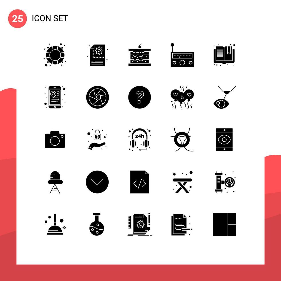 Set of 25 Commercial Solid Glyphs pack for open radio bakery music device Editable Vector Design Elements
