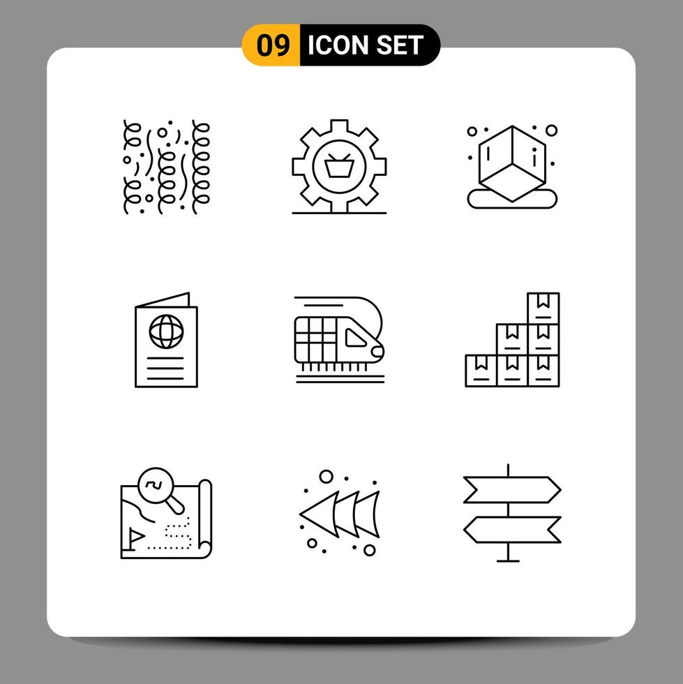 Modern Set of 9 Outlines Pictograph of travel id gear globe shape Editable Vector Design Elements