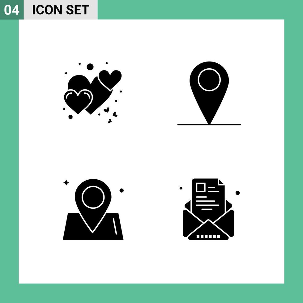 4 Solid Glyph concept for Websites Mobile and Apps heart map care pin world Editable Vector Design Elements