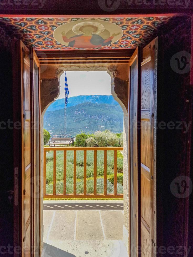 View from the exit of the church of St. Stephen monastery in Meteora, Thessaly, Greece photo