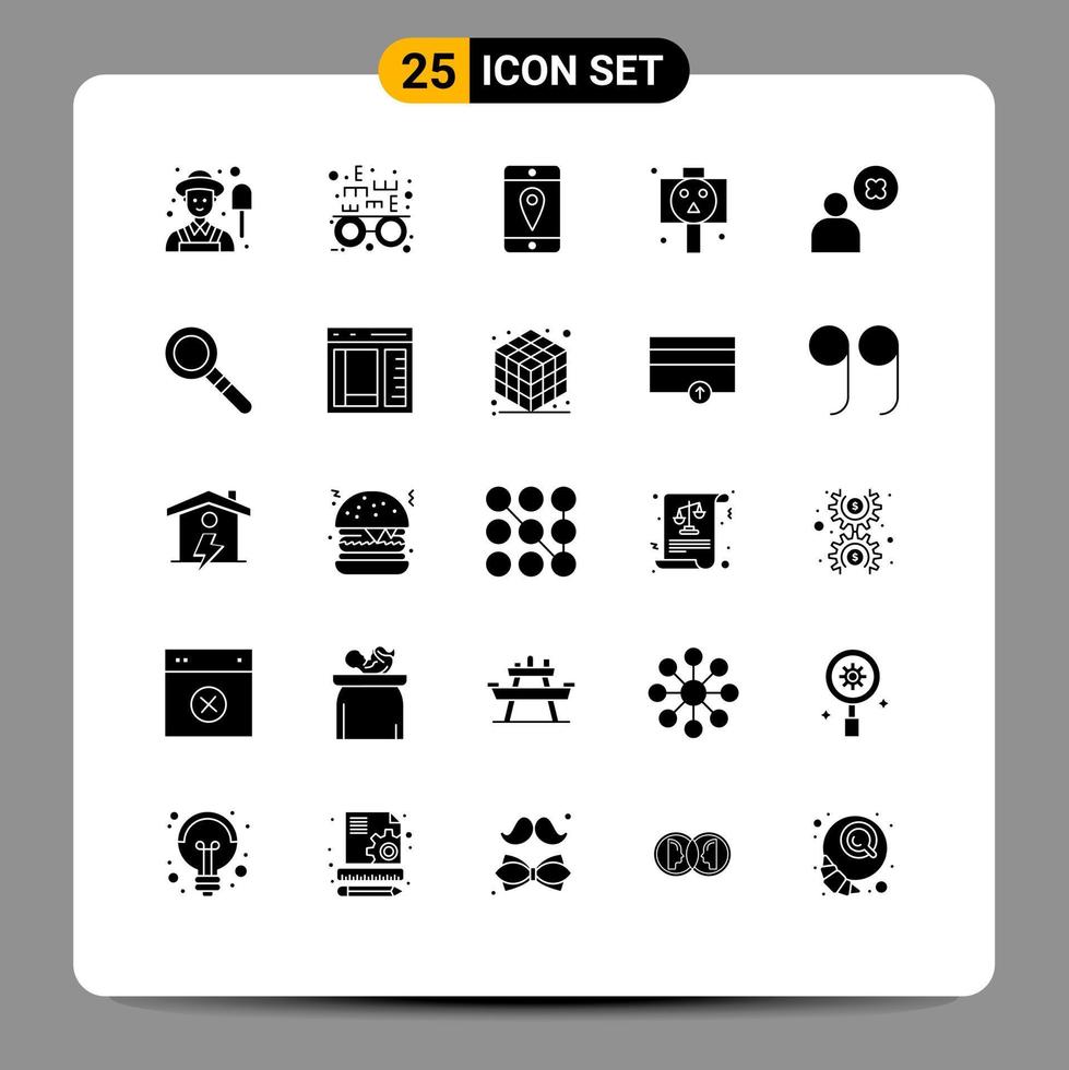 Mobile Interface Solid Glyph Set of 25 Pictograms of find profile cell delete user skull Editable Vector Design Elements