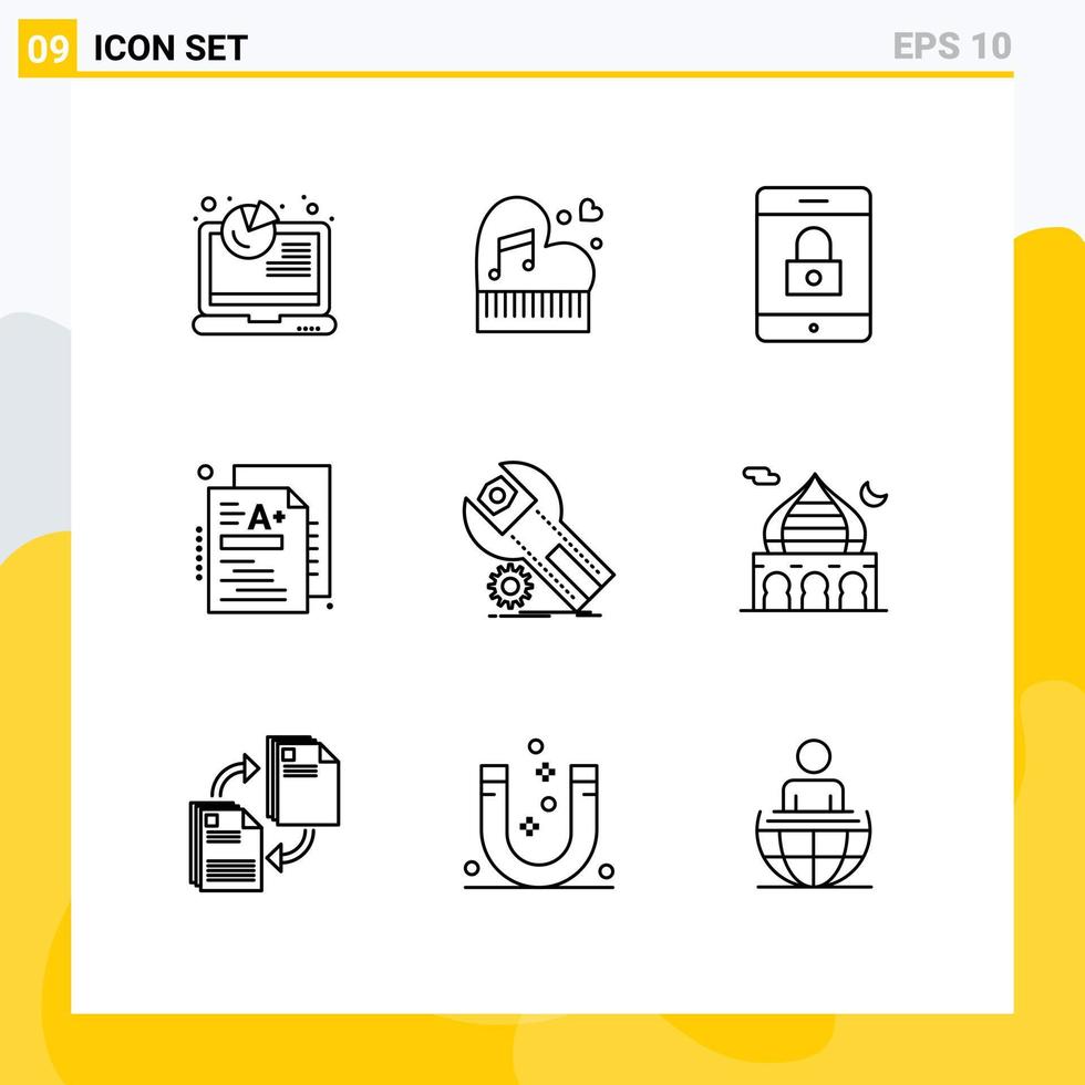 conjunto de pictogramas de 9 esquemas simples de conocimiento un bloqueo de prueba de piano elementos de diseño vectorial editables vector