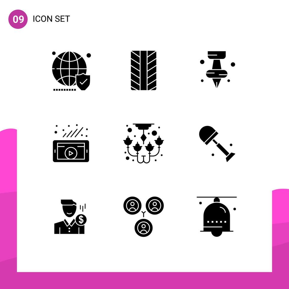 Set of 9 Modern UI Icons Symbols Signs for decorate chandelier marker bulb video Editable Vector Design Elements
