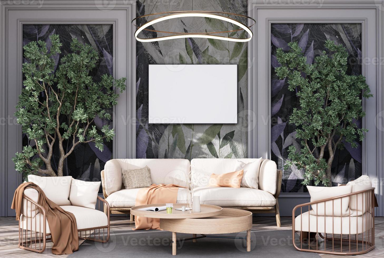 Mock up poster frame in modern interior fully furnished rooms photo