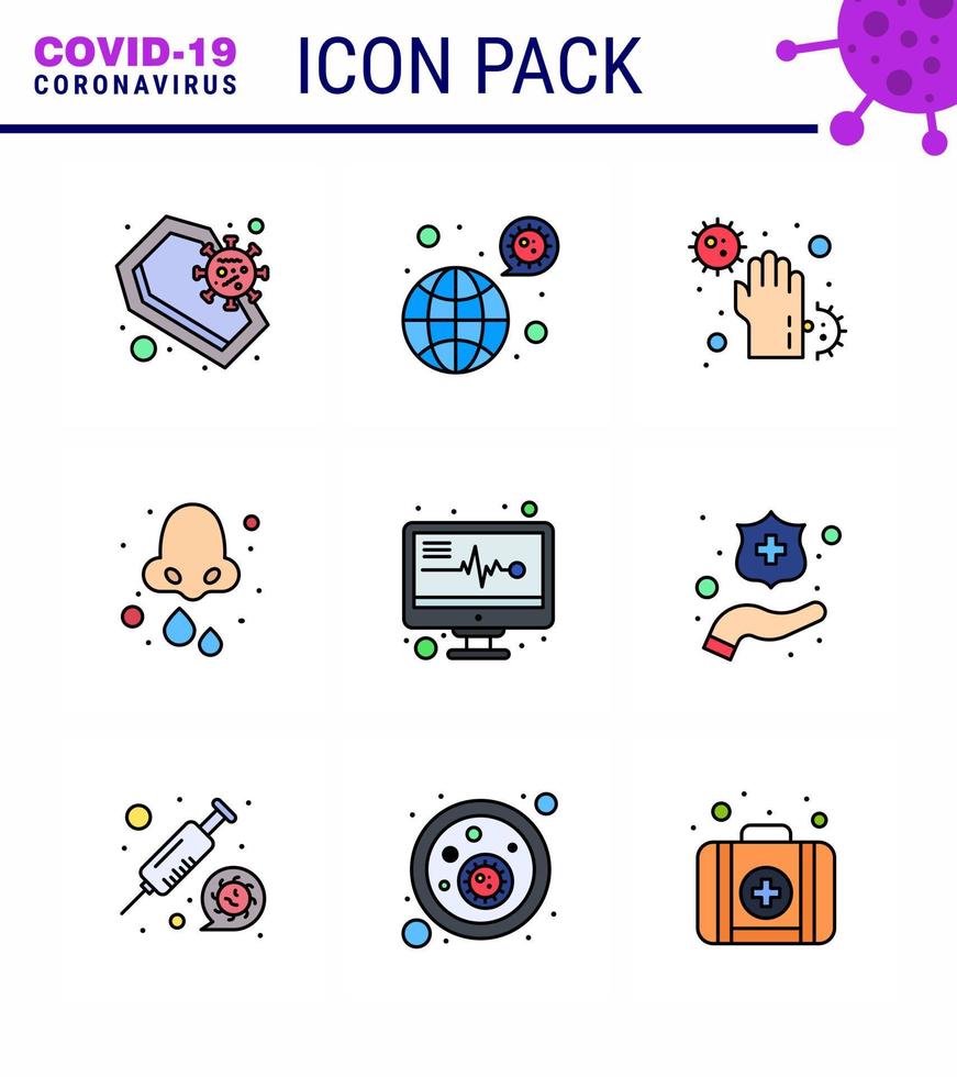 9 Filled Line Flat Color Set of corona virus epidemic icons such as drops allergy covid infect disease viral coronavirus 2019nov disease Vector Design Elements