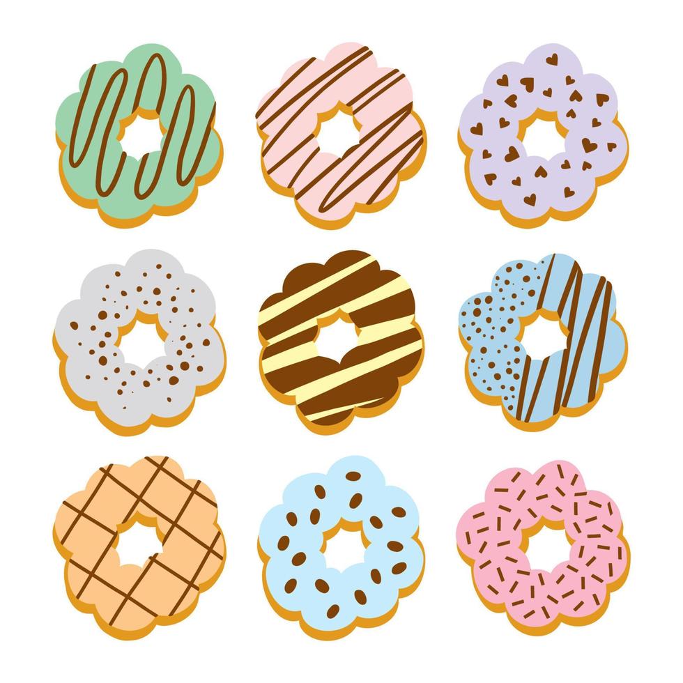 Mochi donuts set with pastel colors sugar glaze and chocolate topping vector