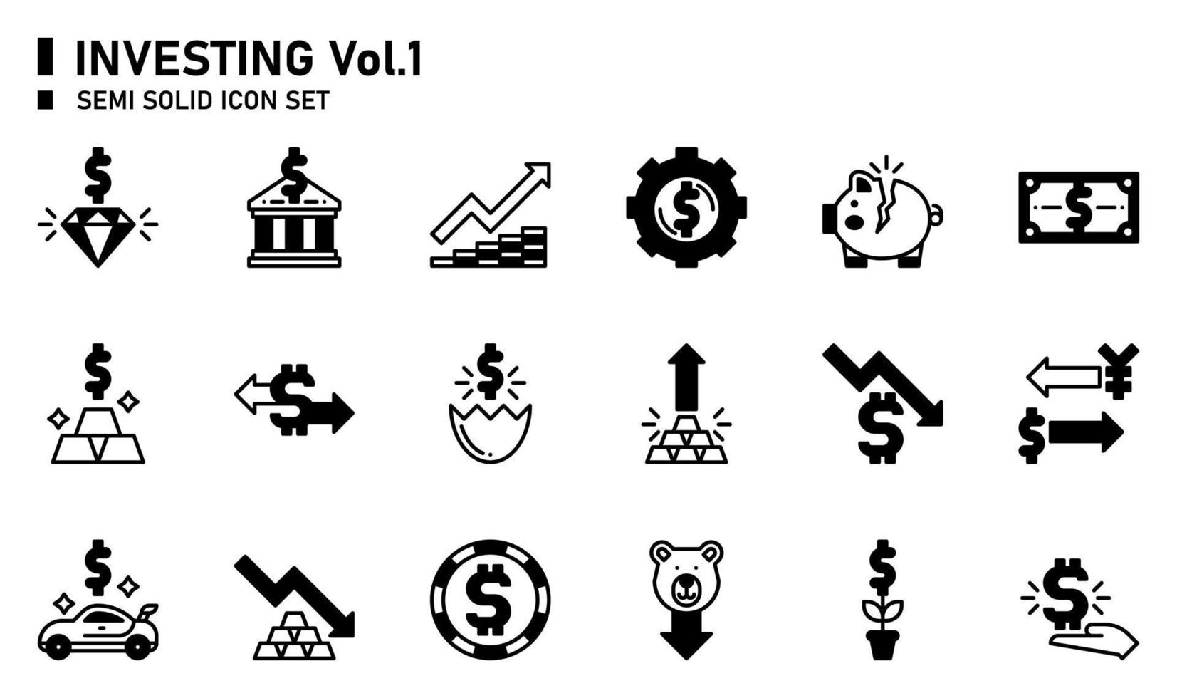 Investing semi solid icon set. vector