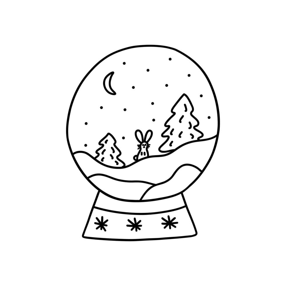 Glass ball with winter landscape. Vector doodle