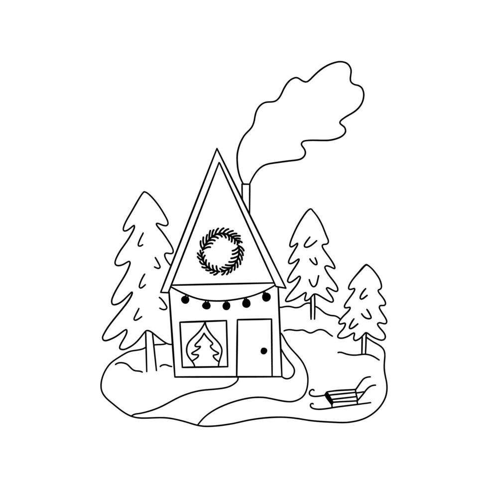 House in the forest among trees. Vector doodle