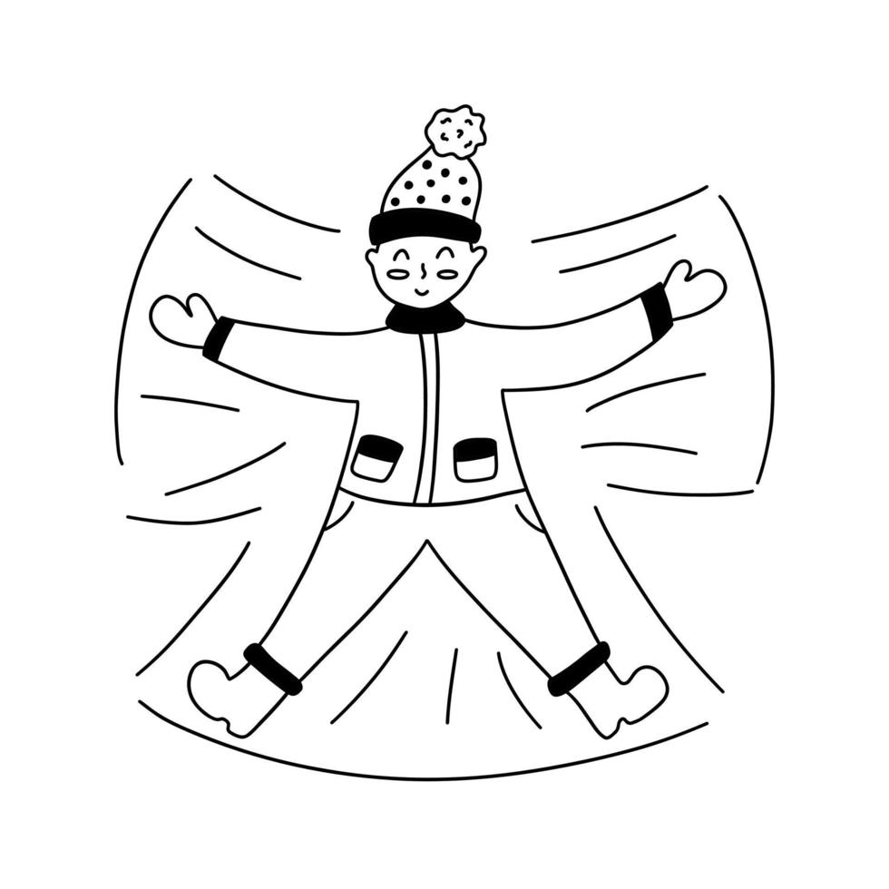 Boy lies on snow and makes snow angel. Vector