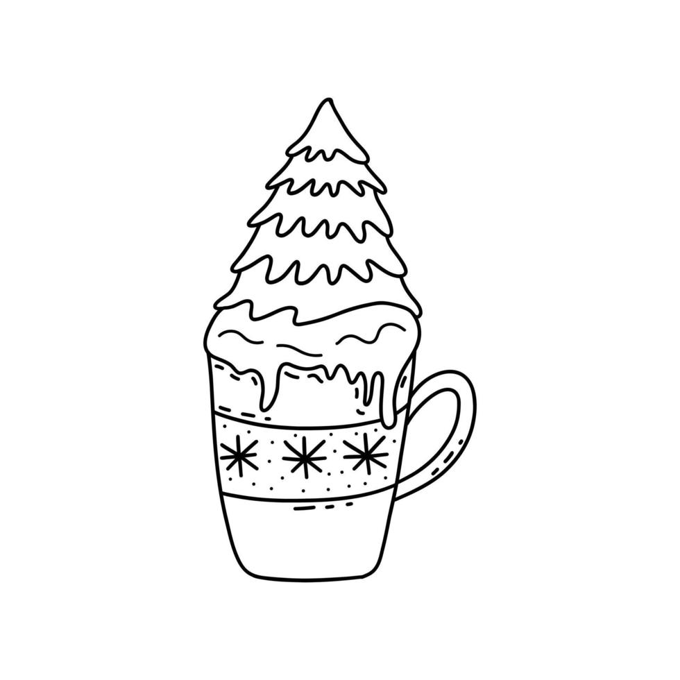 taza con bebida caliente y árbol de navidad. garabato vectorial vector