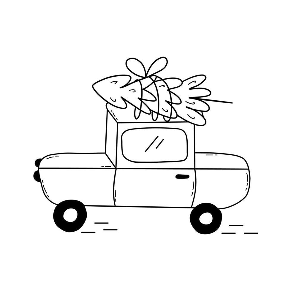 Car carries tree home for Christmas on roof. Vector