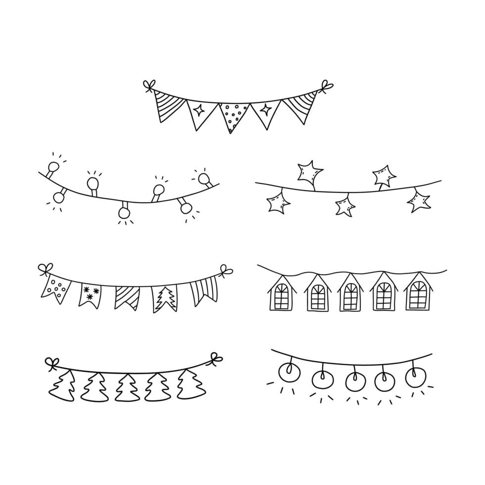 Festive garlands for interior decoration. Black and white vector