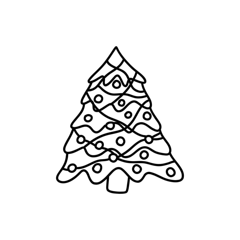 Christmas tree decorated with garland and balls. Vector doodle