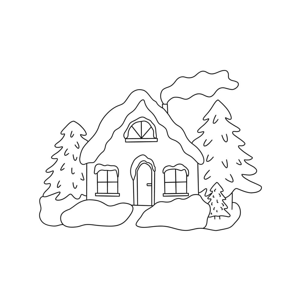 Cozy house in the forest among fir trees. Vector