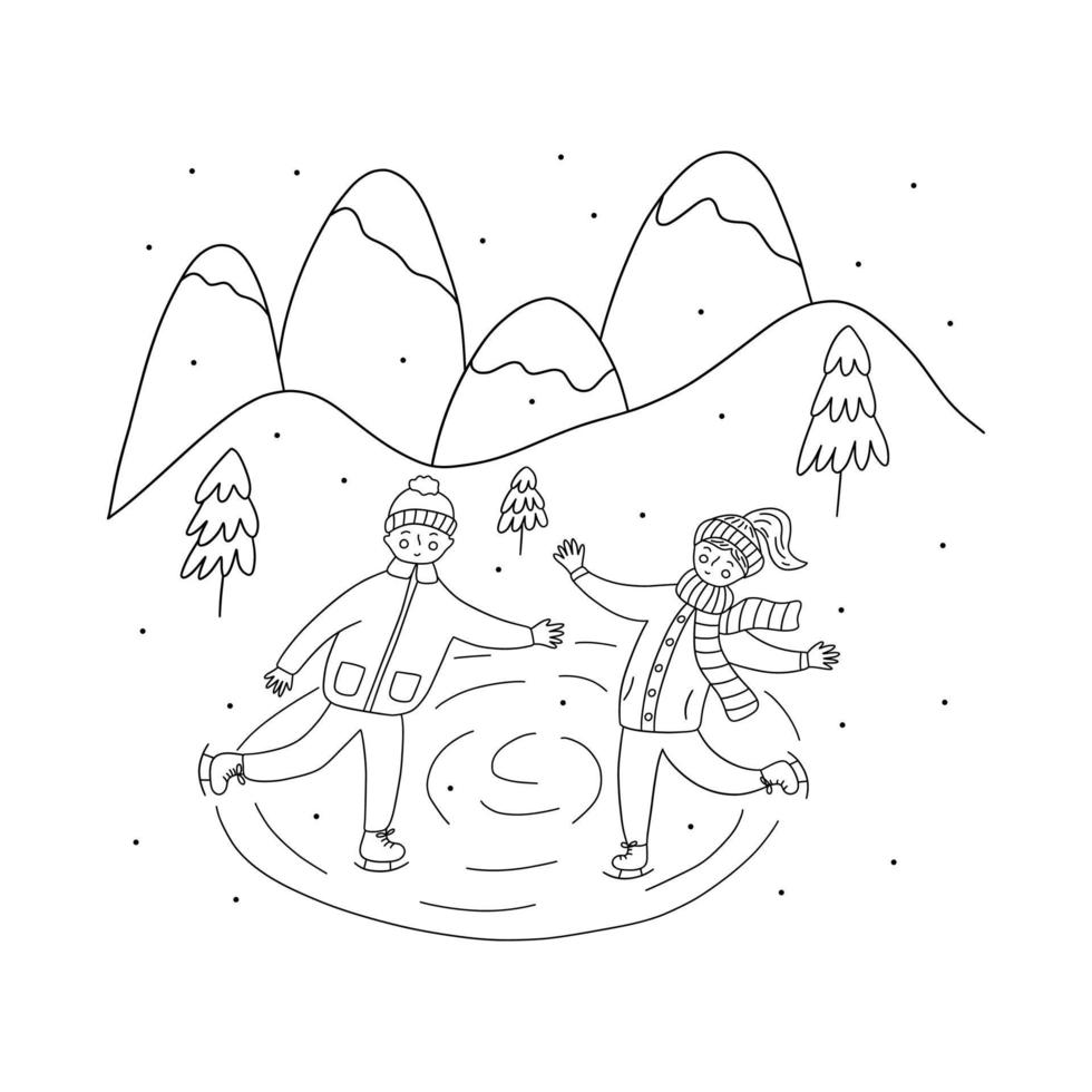 niño y niña patinando sobre hielo en invierno. vector