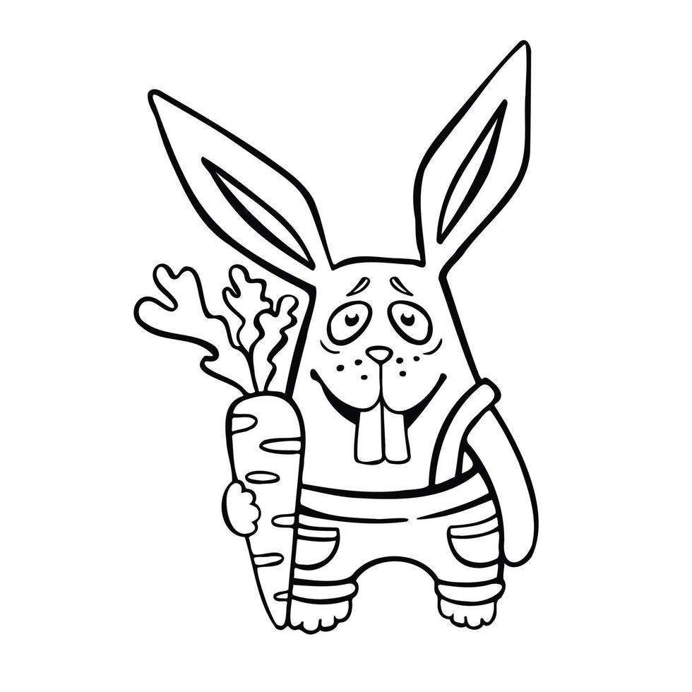 cartoon funny hare farmer with harvest, vector line