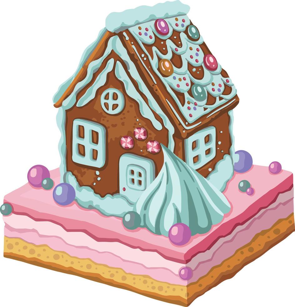 Postcard with hand drawnin gingerbread house isolated on night background. Christmas cookies vector