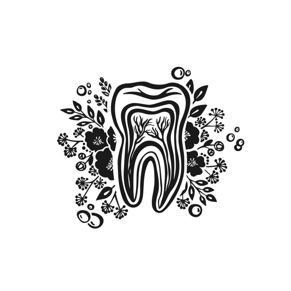 Healthy oral flora, tooth silhouette, monochrome vector