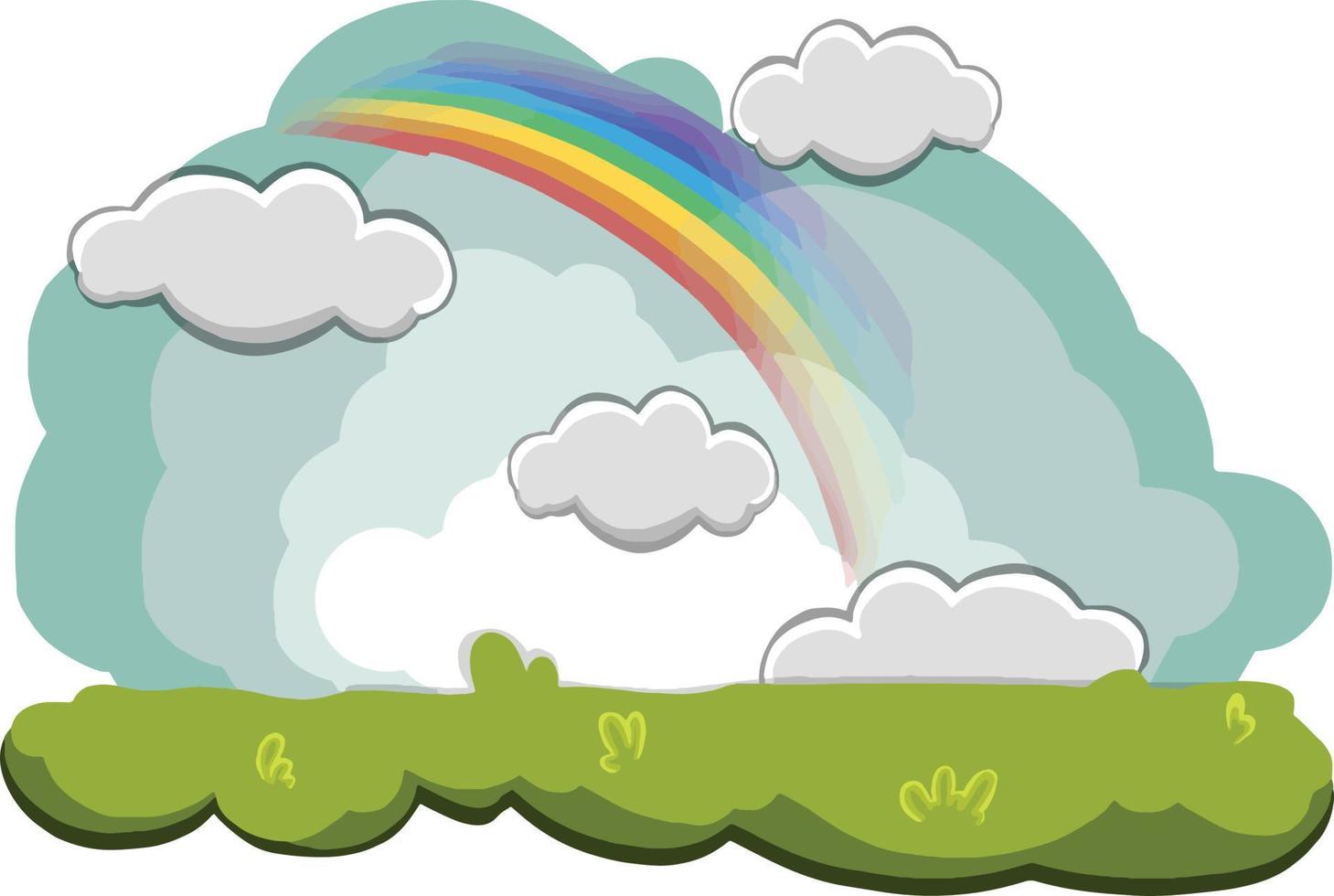 Layers of flowers over the vast meadows under a rainbow on a sunny day. vector