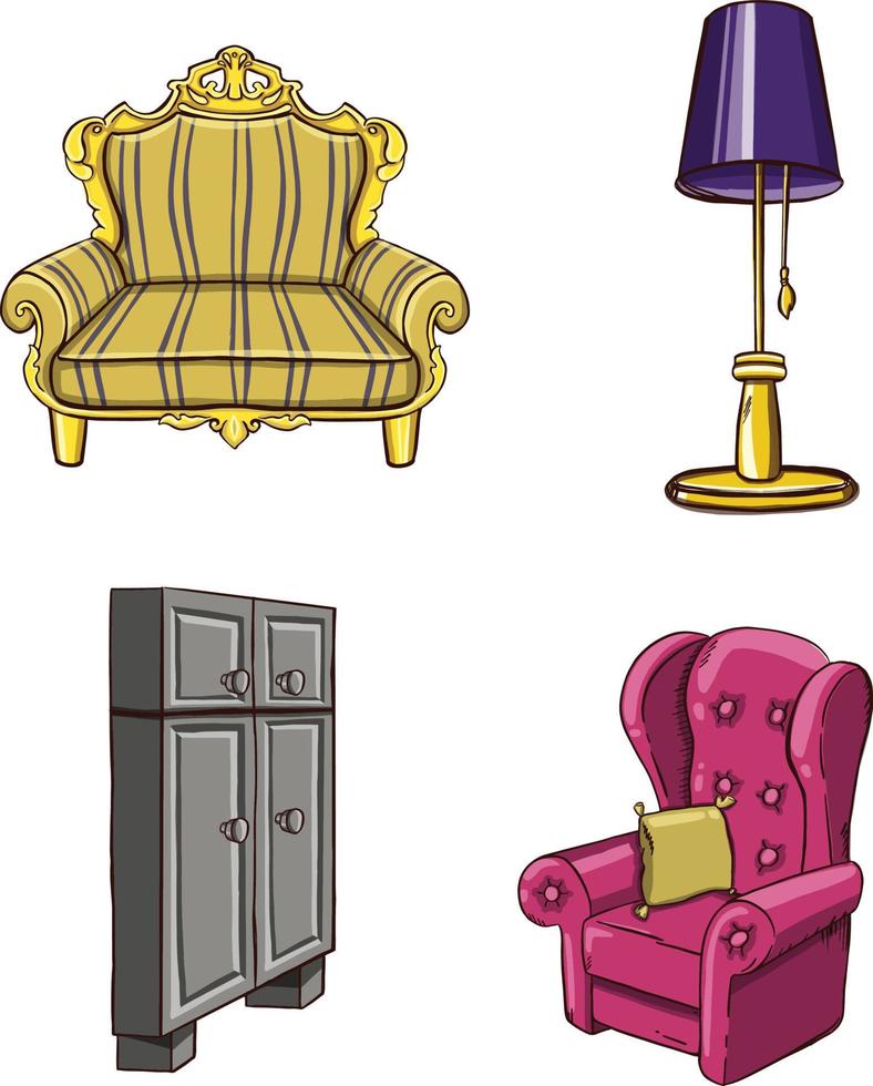 A set of furniture for rest and sleep is colored. Sofa, armchair, bed. illustration vector