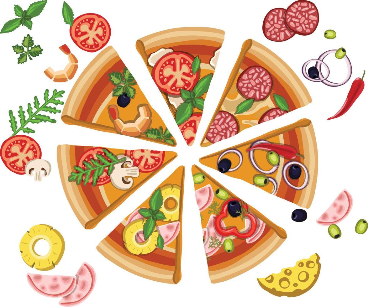 Set of pizzas with various fillings. illustration vector