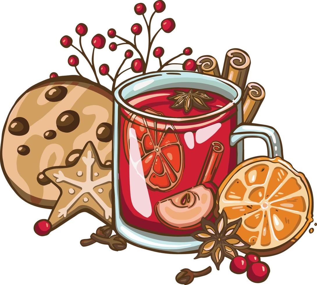 vino caliente con especias de navidad acuarela. copa de vino pintada a mano, canela, pan de jengibre y rama de abeto aislada en fondo blanco. ilustración de invierno para diseño, impresión, tela. vector