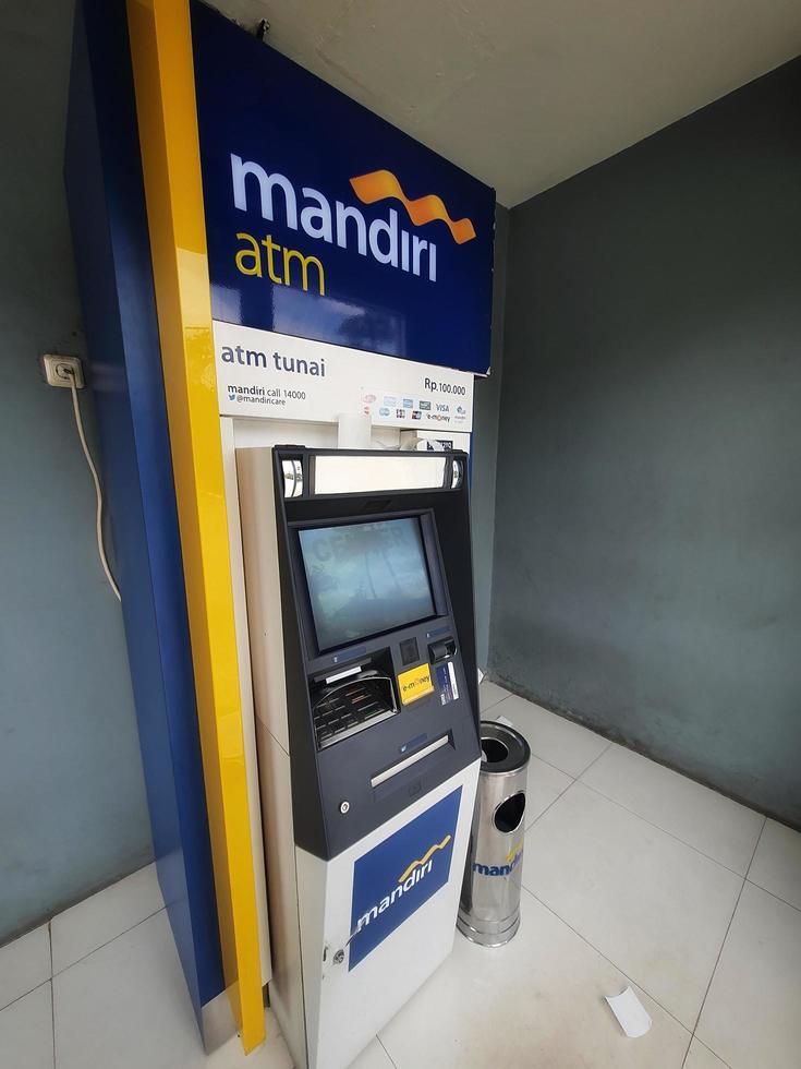 Jakarta, Indonesia in July 2022. This is a photo of an Automated Teller Machine or ATM from Bank Mandiri.