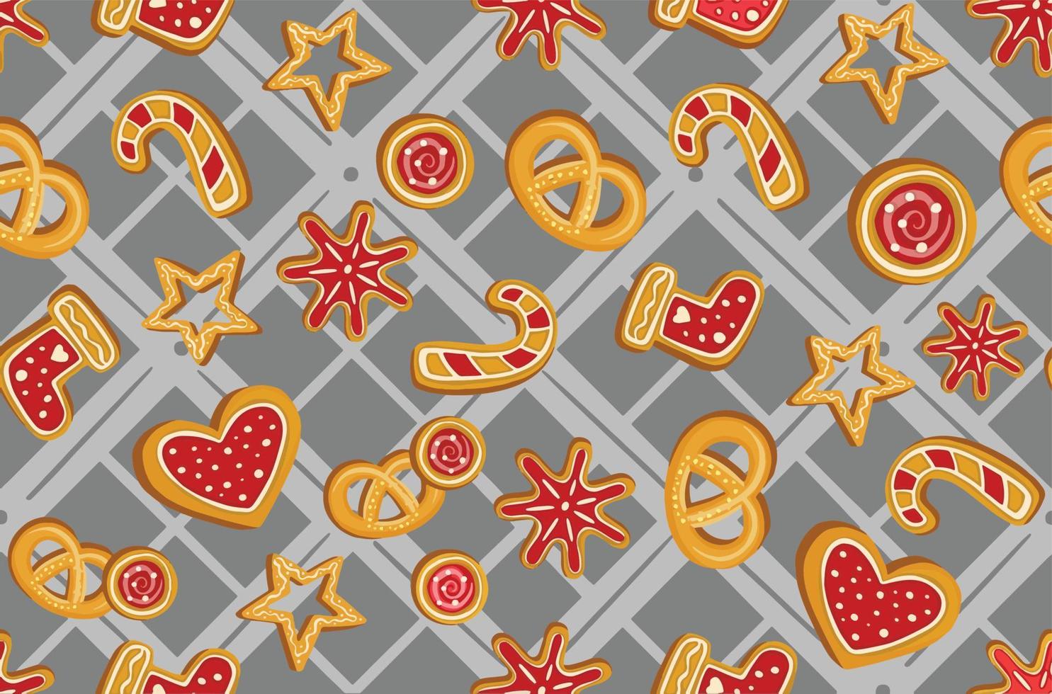 Winter seamless patterns with gingerbread cookies. Awesome holiday background. Christmas repeating texture for surface design, wallpapers, fabrics, wrapping paper etc. vector